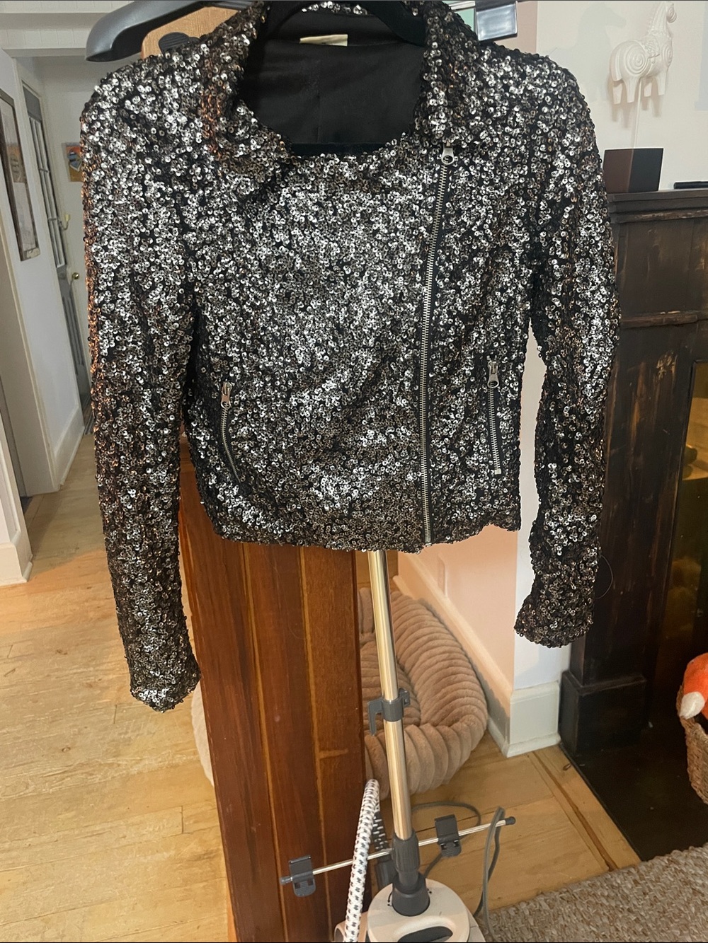 Noisy May Silver Sequin Asymmetrical Moto Jacket